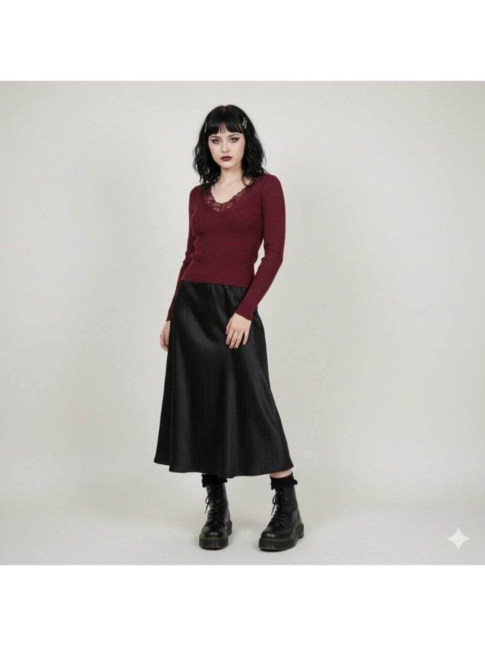 H&M Divided V-Neck Ribbed Long Sleeve Burgundy Lace Sweater Size Xs Wimsigoth